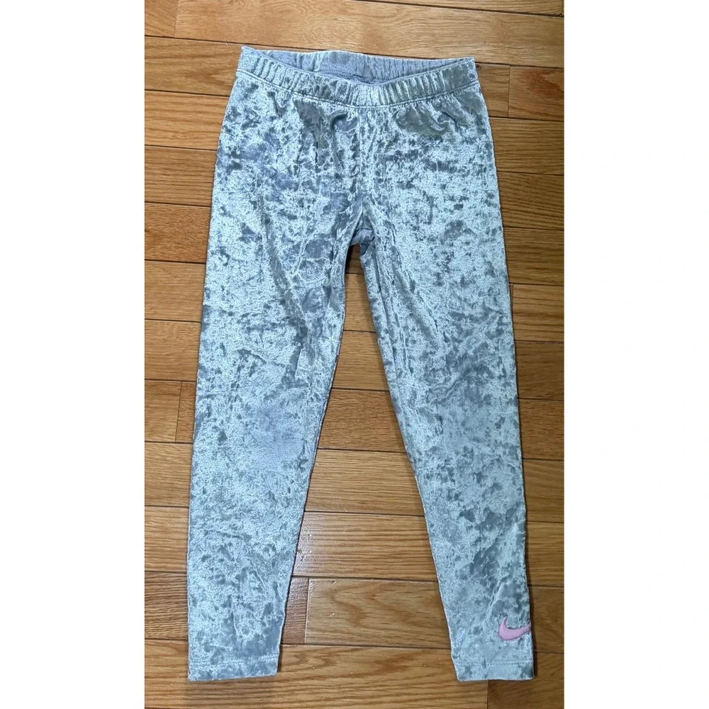 Nike Girls 3-Piece Set Puffer Vest Pink Shirt Silver Velvet Leggings Size 6 5-6Y